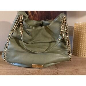 Bebe Olive Green Hobo Shoulder Bag Gold Chain Link Detail Faux Leather Large